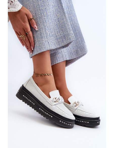 Women's Leather Platform Loafers with Chain S.Barski LR618 White