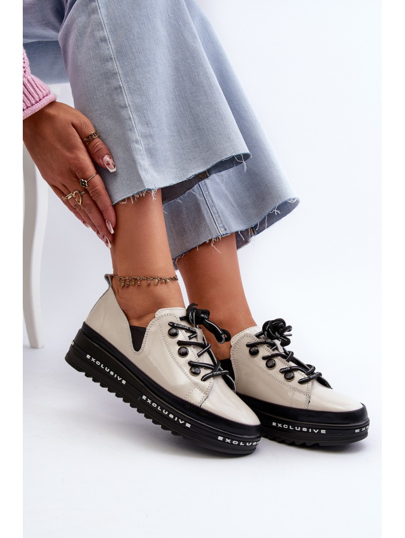 Lace-up Women's Platform Shoes Natural Leather Beige S.Barski LR620