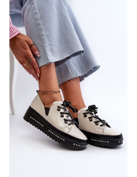 Lace-up Women's Platform Shoes Natural Leather Beige S.Barski LR620