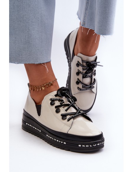 Lace-up Women's Platform Shoes Natural Leather Beige S.Barski LR620