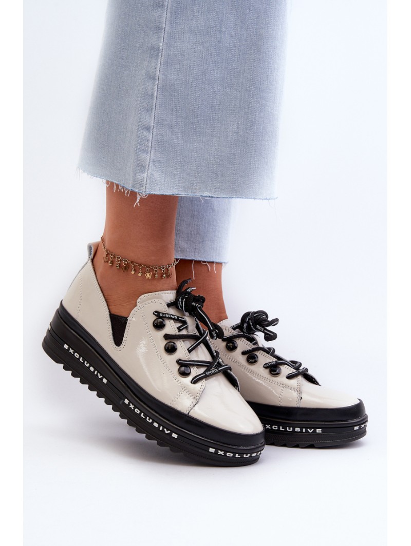 Lace-up Women's Platform Shoes Natural Leather Beige S.Barski LR620