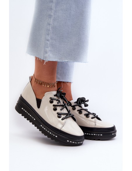 Lace-up Women's Platform Shoes Natural Leather Beige S.Barski LR620