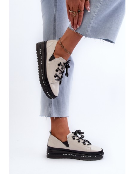 Lace-up Women's Platform Shoes Natural Leather Beige S.Barski LR620