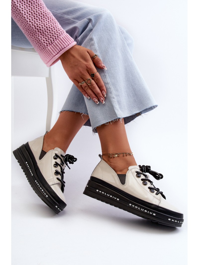 Lace-up Women's Platform Shoes Natural Leather Beige S.Barski LR620