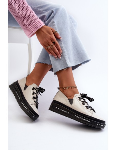 Lace-up Women's Platform Shoes Natural Leather Beige S.Barski LR620