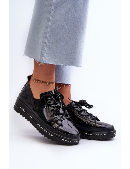 Women's Lace-Up Platform Shoes Genuine Leather S.Barski LR620 Black