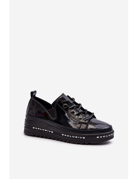 Women's Lace-Up Platform Shoes Genuine Leather S.Barski LR620 Black