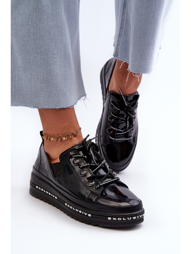 Women's Lace-Up Platform Shoes Genuine Leather S.Barski LR620 Black