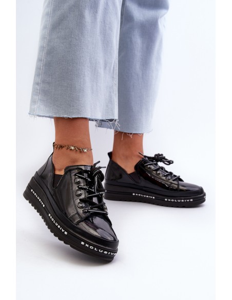 Women's Lace-Up Platform Shoes Genuine Leather S.Barski LR620 Black