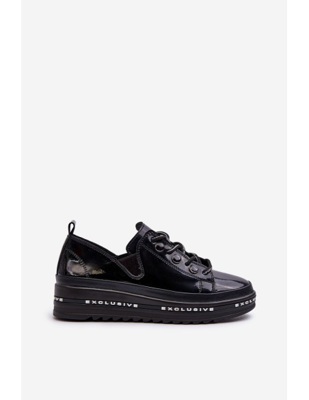 Women's Lace-Up Platform Shoes Genuine Leather S.Barski LR620 Black