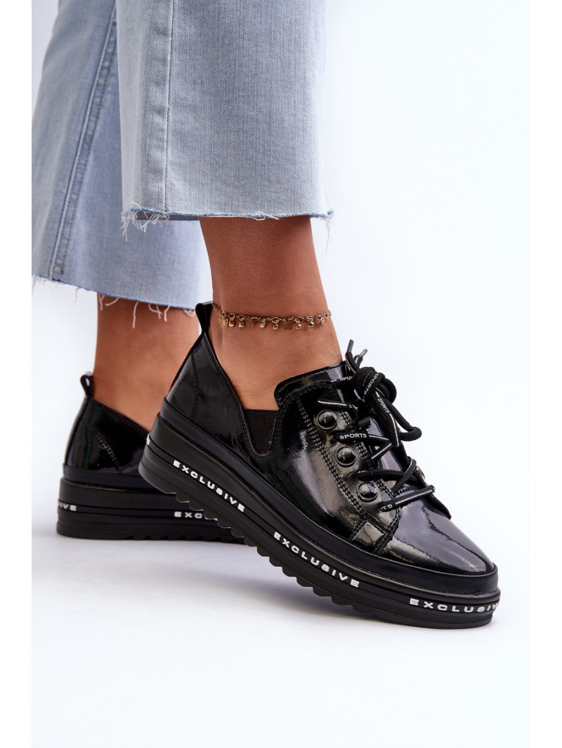 Women's Lace-Up Platform Shoes Genuine Leather S.Barski LR620 Black