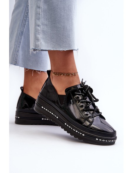 Women's Lace-Up Platform Shoes Genuine Leather S.Barski LR620 Black