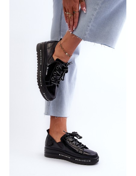 Women's Lace-Up Platform Shoes Genuine Leather S.Barski LR620 Black