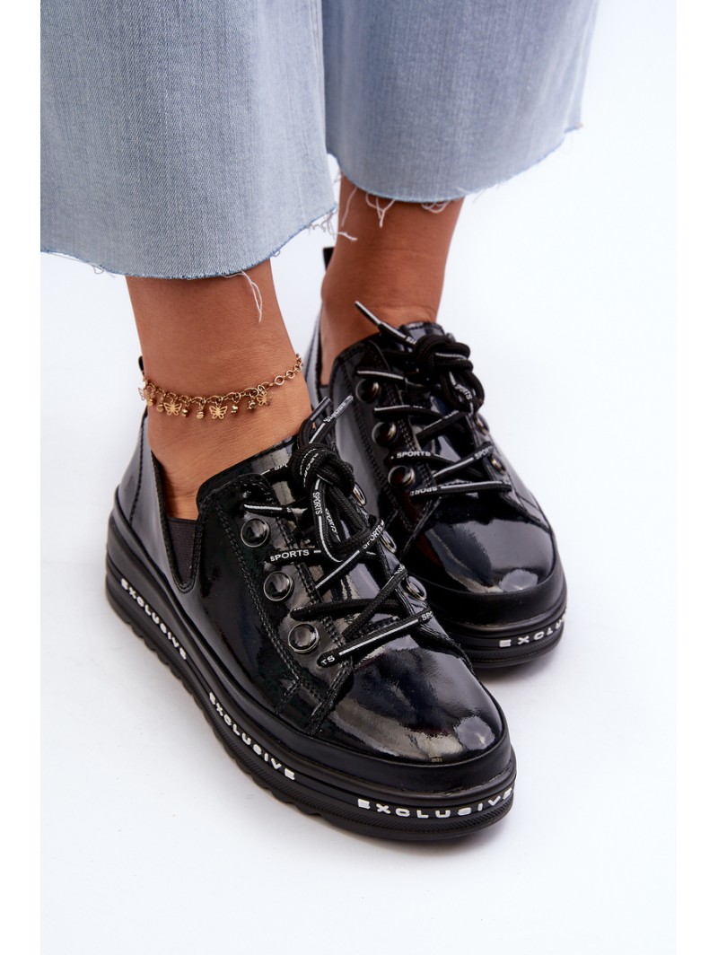 Women's Lace-Up Platform Shoes Genuine Leather S.Barski LR620 Black