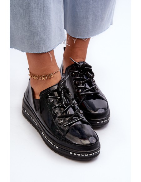 Women's Lace-Up Platform Shoes Genuine Leather S.Barski LR620 Black