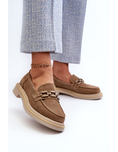 Women's Suede Loafers with Flat Heel and Decoration D&A TW101 Brown