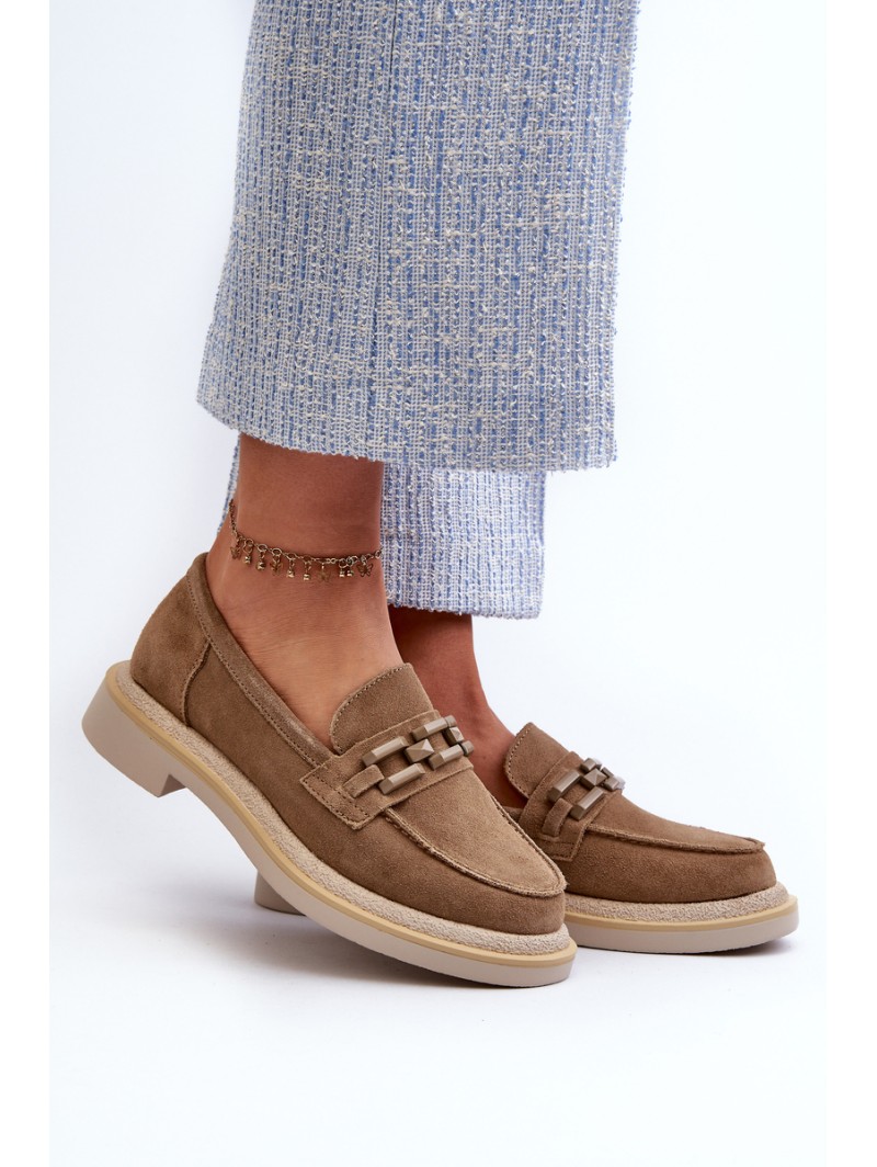 Women's Suede Loafers with Flat Heel and Decoration D&A TW101 Brown