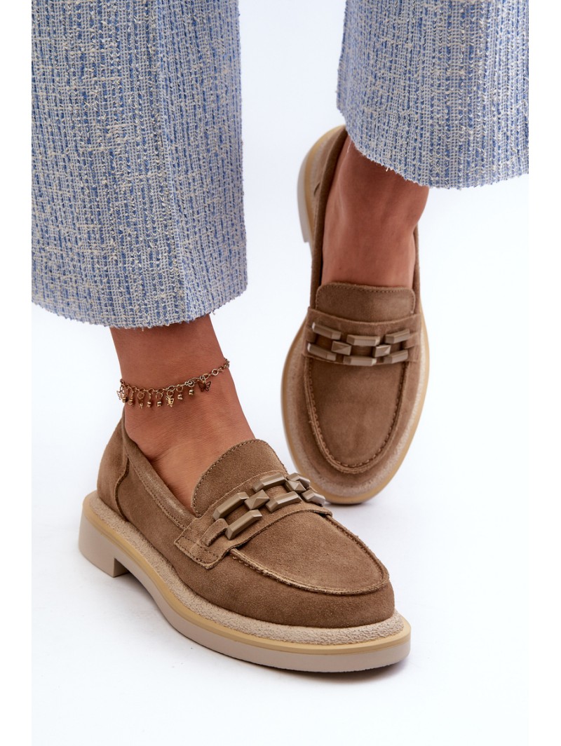 Women's Suede Loafers with Flat Heel and Decoration D&A TW101 Brown