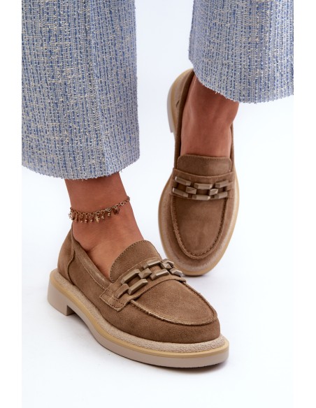 Women's Suede Loafers with Flat Heel and Decoration D&A TW101 Brown