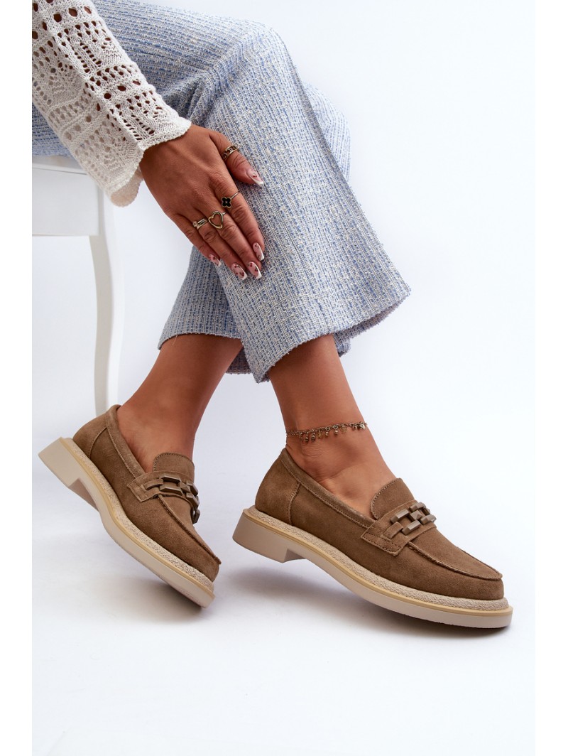 Women's Suede Loafers with Flat Heel and Decoration D&A TW101 Brown