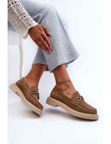 Women's Suede Loafers with Flat Heel and Decoration D&A TW101 Brown