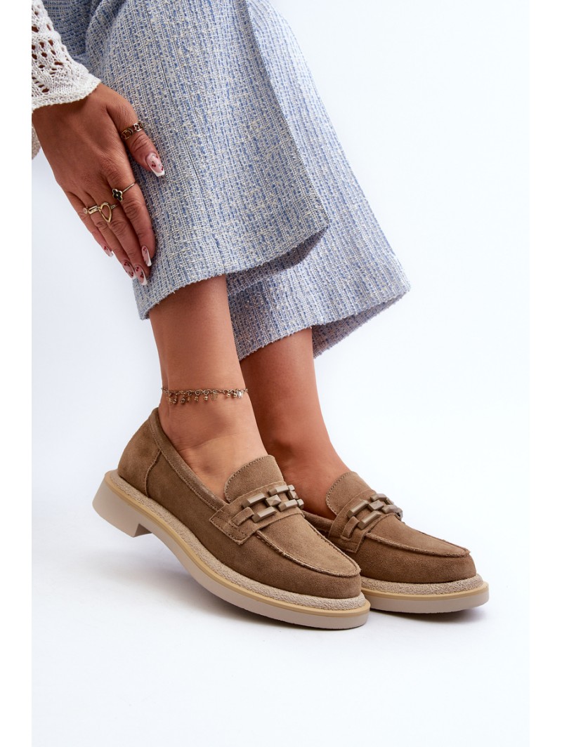 Women's Suede Loafers with Flat Heel and Decoration D&A TW101 Brown