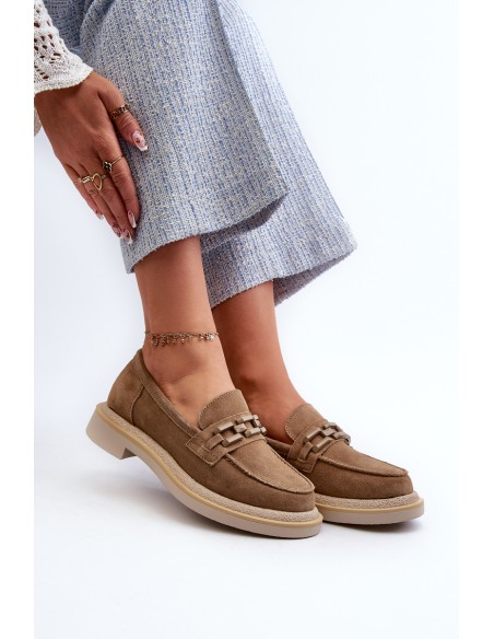 Women's Suede Loafers with Flat Heel and Decoration D&A TW101 Brown