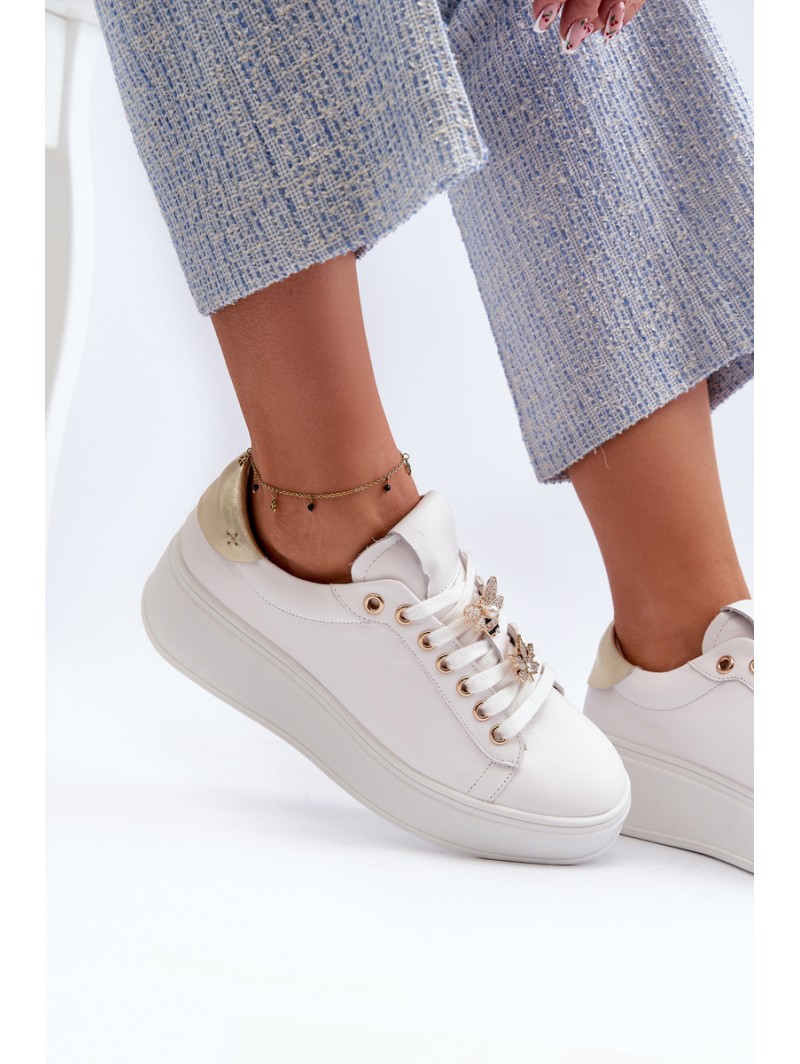 Women's Leather Platform Sneakers with Decorative Buttons D&A SN67 White