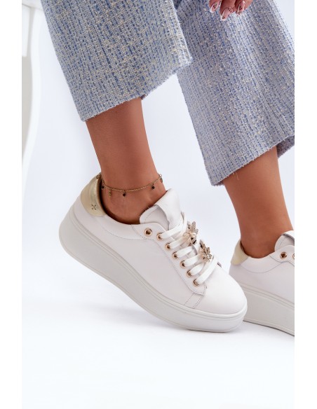 Women's Leather Platform Sneakers with Decorative Buttons D&A SN67 White