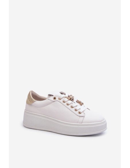 Women's Leather Platform Sneakers with Decorative Buttons D&A SN67 White