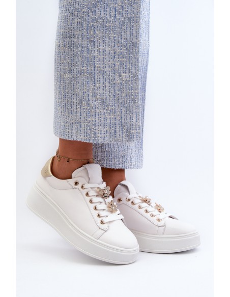 Women's Leather Platform Sneakers with Decorative Buttons D&A SN67 White