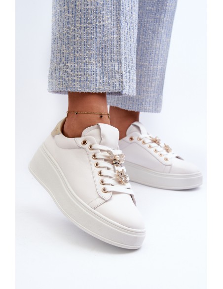Women's Leather Platform Sneakers with Decorative Buttons D&A SN67 White