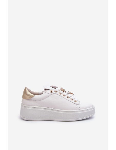 Women's Leather Platform Sneakers with Decorative Buttons D&A SN67 White