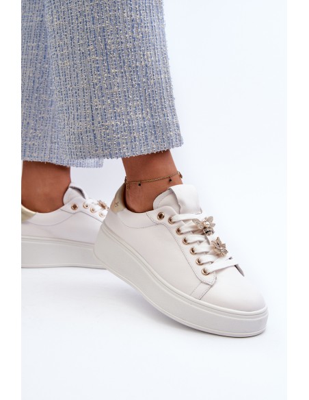 Women's Leather Platform Sneakers with Decorative Buttons D&A SN67 White