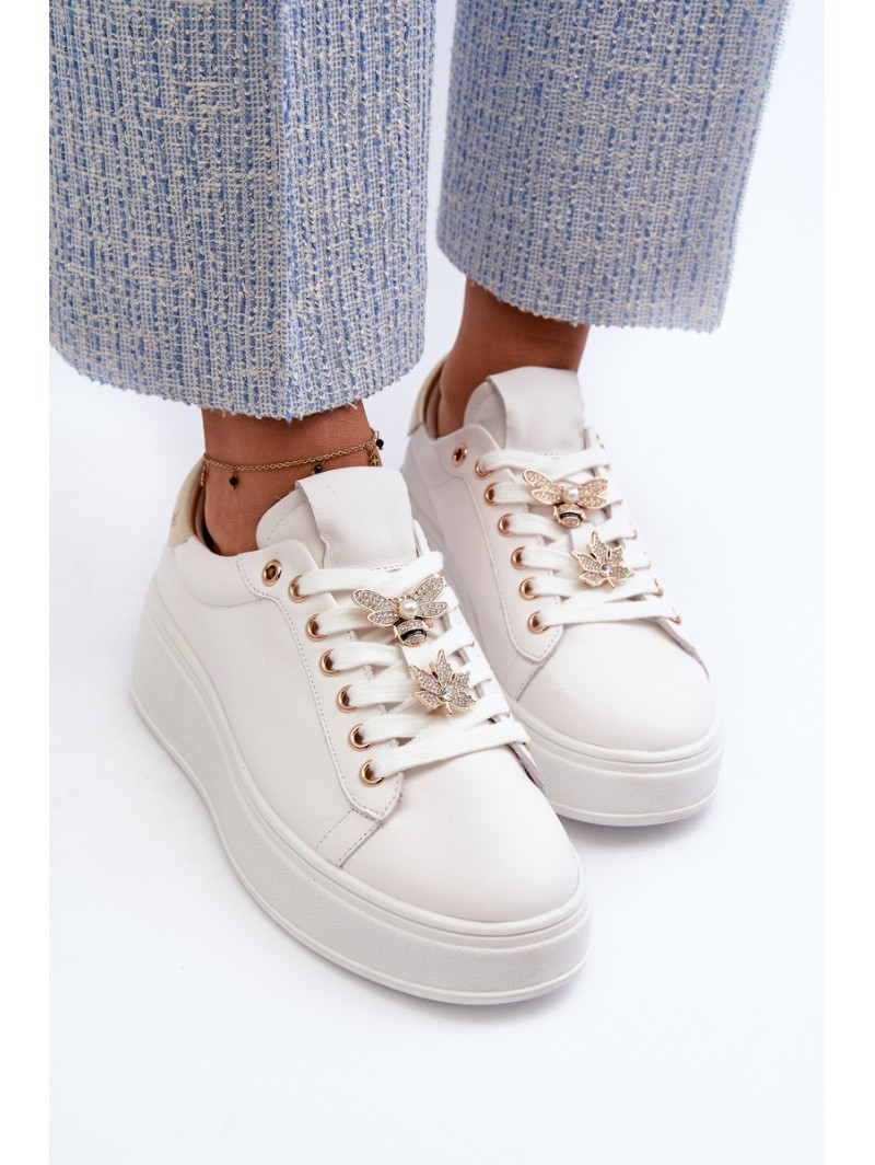 Women's Leather Platform Sneakers with Decorative Buttons D&A SN67 White