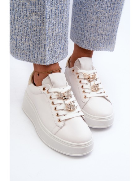 Women's Leather Platform Sneakers with Decorative Buttons D&A SN67 White