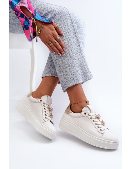 Women's Leather Platform Sneakers with Decorative Buttons D&A SN67 White
