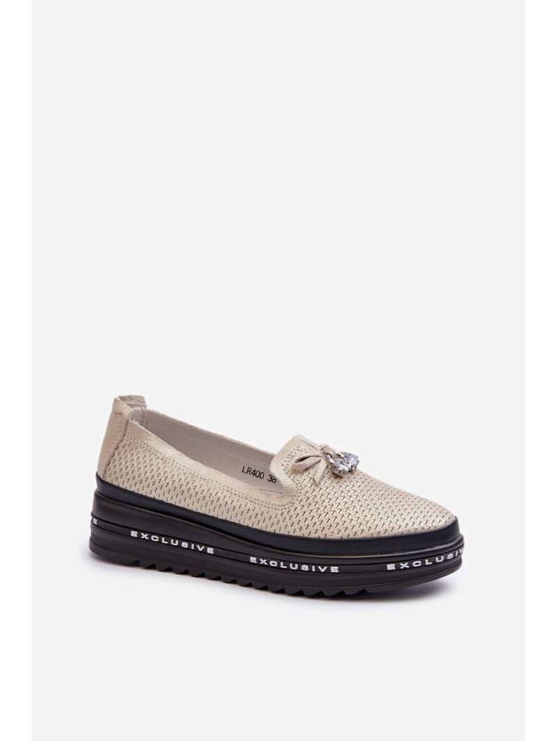 Shiny Women's Leather Loafers on Platform S.Barski LR400 Golden