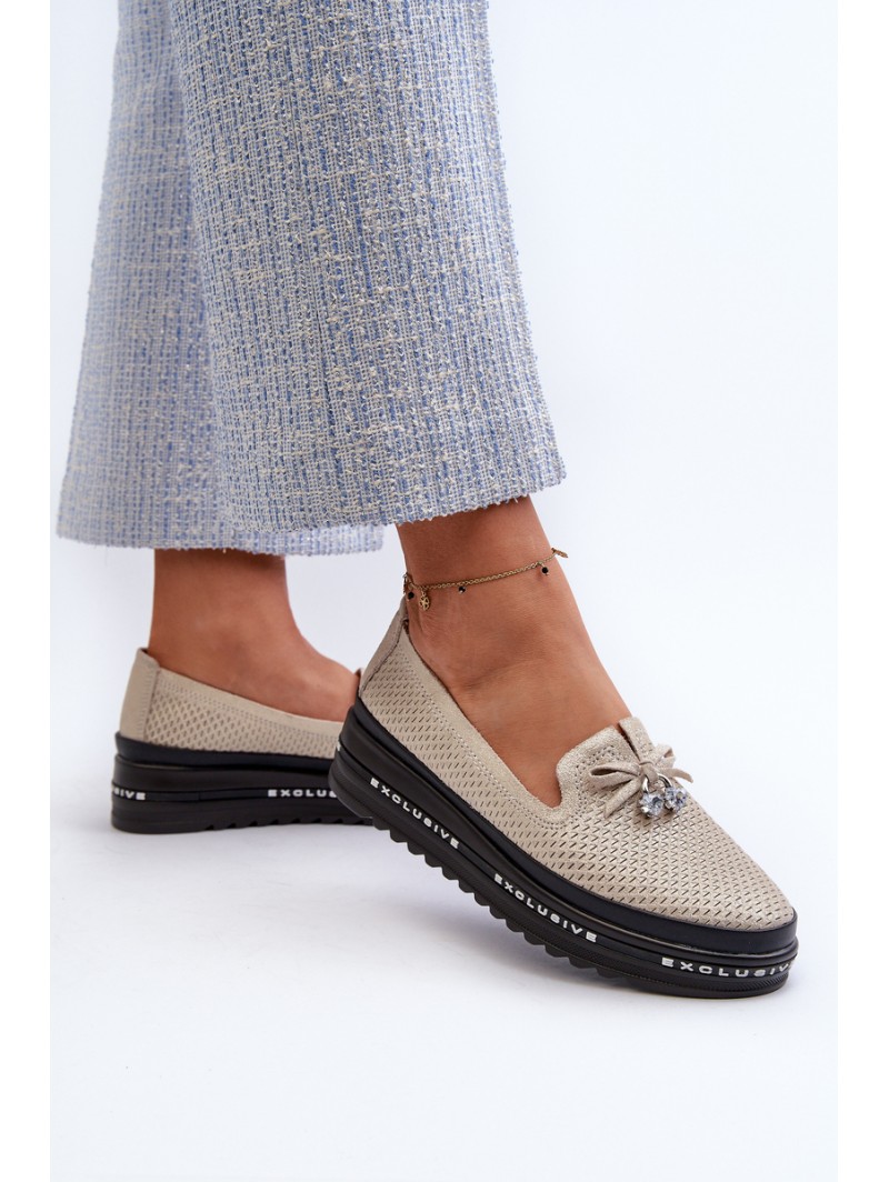 Shiny Women's Leather Loafers on Platform S.Barski LR400 Golden