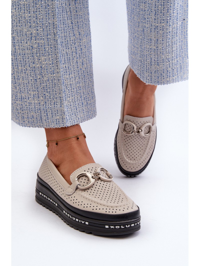 Women's Leather Platform Moccasins with Decoration S.Barski LR750 Beige