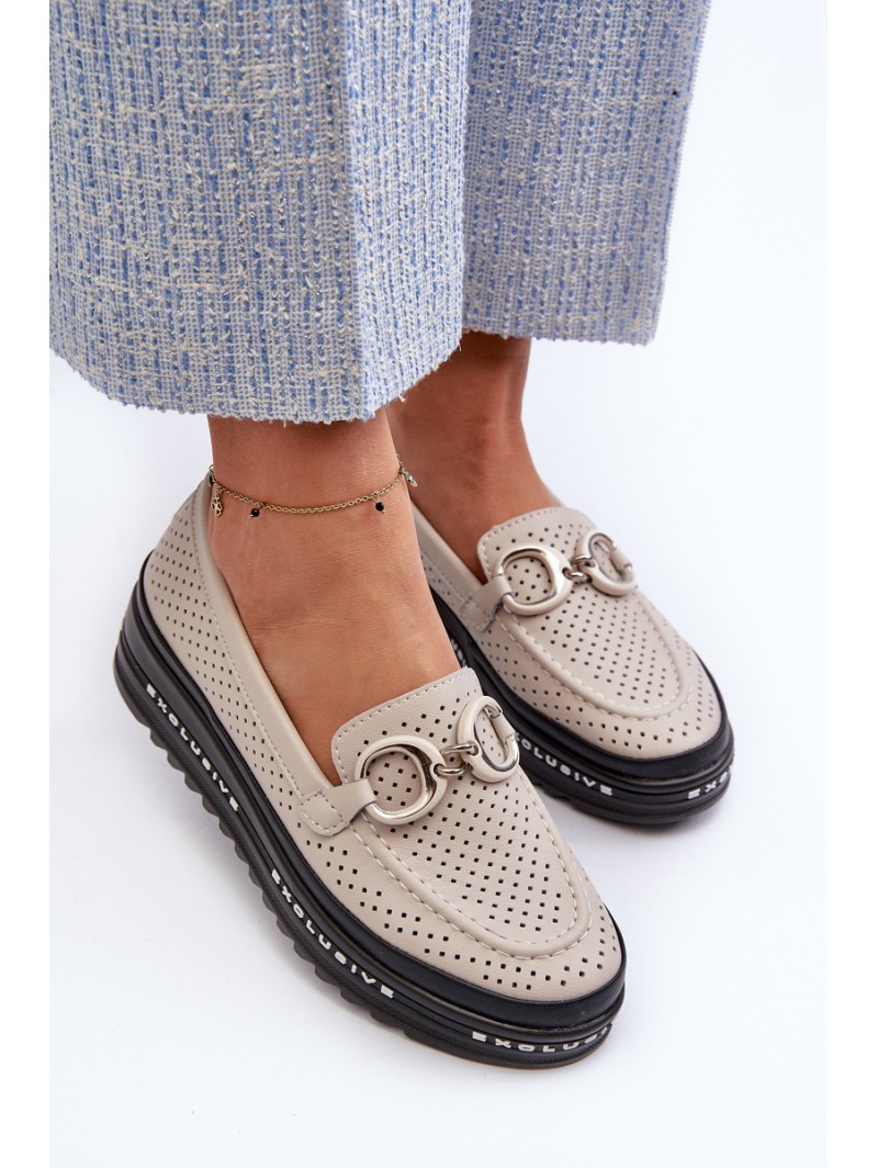 Women's Leather Platform Moccasins with Decoration S.Barski LR750 Beige