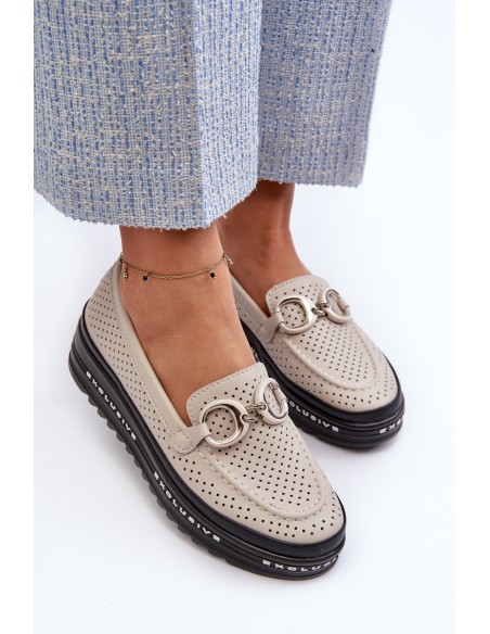 Women's Leather Platform Moccasins with Decoration S.Barski LR750 Beige