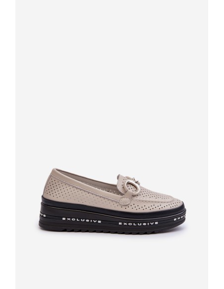 Women's Leather Platform Moccasins with Decoration S.Barski LR750 Beige