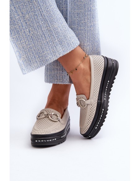 Women's Leather Platform Moccasins with Decoration S.Barski LR750 Beige