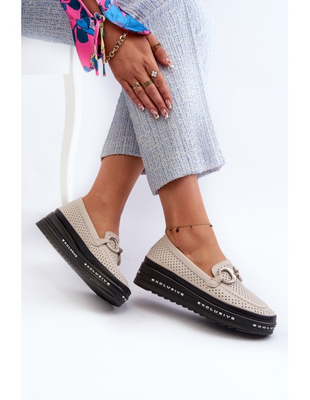 Women's Leather Platform Moccasins with Decoration S.Barski LR750 Beige