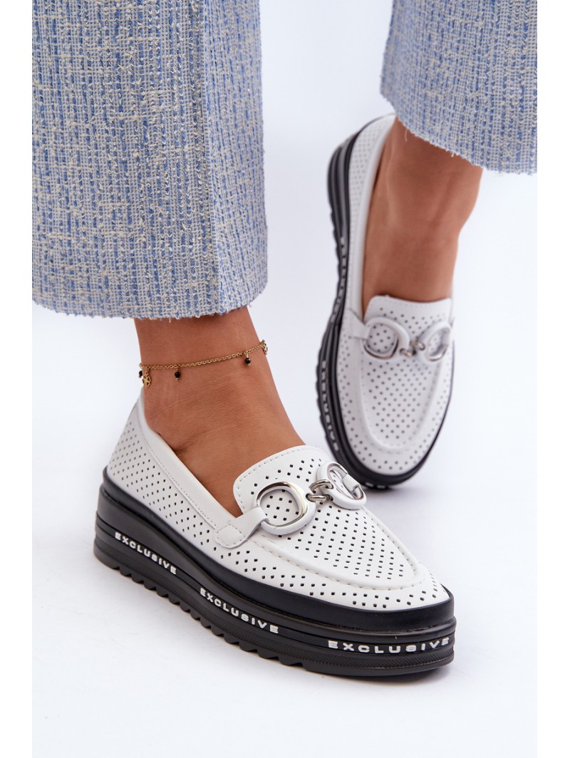 [Women's Leather Platform Moccasins with Decoration S.Barski LR750 White]