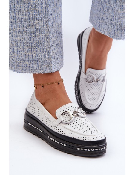 [Women's Leather Platform Moccasins with Decoration S.Barski LR750 White]