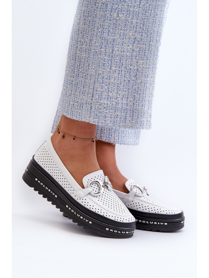 [Women's Leather Platform Moccasins with Decoration S.Barski LR750 White]
