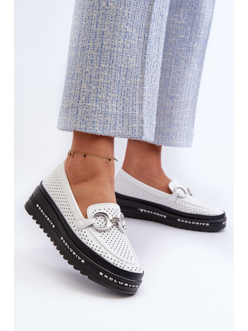 [Women's Leather Platform Moccasins with Decoration S.Barski LR750 White]