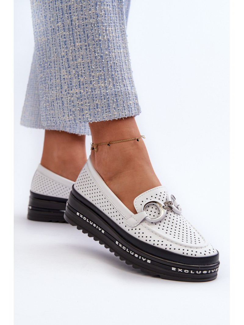 [Women's Leather Platform Moccasins with Decoration S.Barski LR750 White]